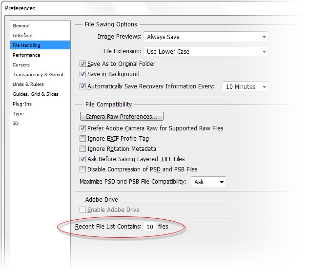پنجره تنظیمات فتوشاپ، بخش File Handling