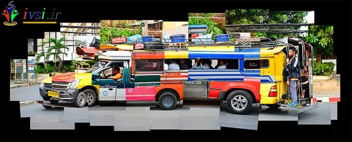 هفت کامیون تاکسی مشترک با رنگ های مختلف در چیانگ مای وجود دارد که اکثر آنها در مسیرهای مشخصی کار می کنند. من از این مونتاژ در چندین مکان عکاسی کردم.