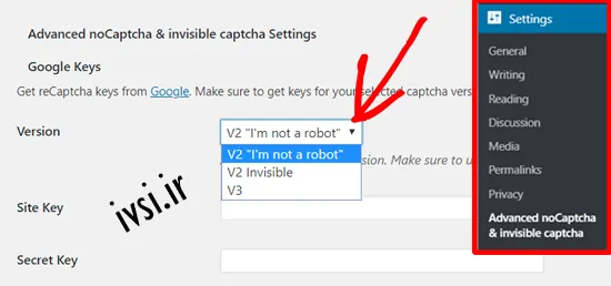 Google reCAPTCHA V2 را در Advanced noCAPTCHA & Invisible CAPTCHA (نسخه 2 و نسخه 3) انتخاب کنید