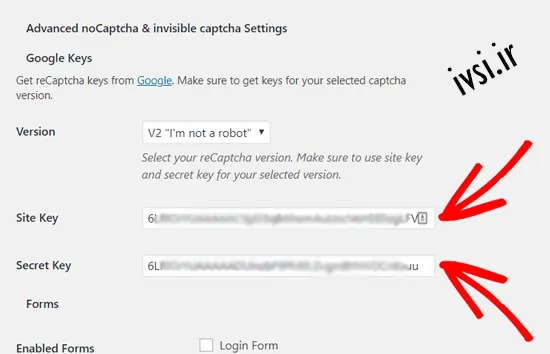 برای افزودن reCAPTCHA به وردپرس، کلید سایت و کلید مخفی را وارد کنید
