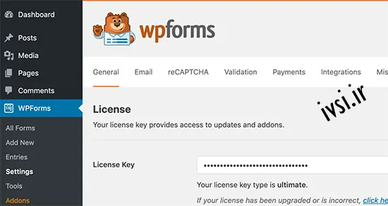 کلید مجوز WPForms را اضافه کنید
