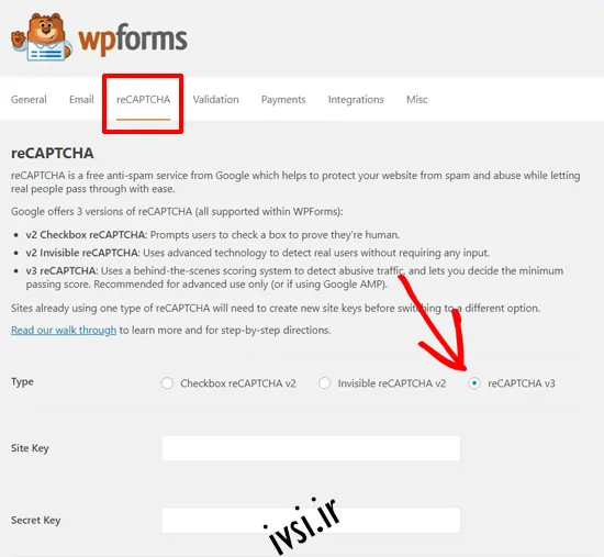 تنظیمات WPForms reCAPTCHA - V3 را انتخاب کنید