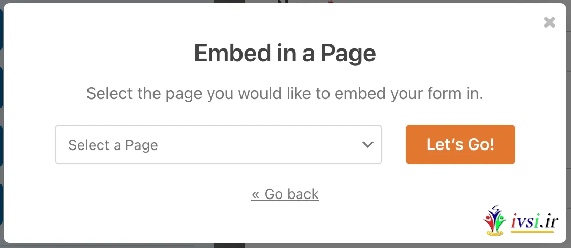 گزینه Select Existing page در فرم embed wizard