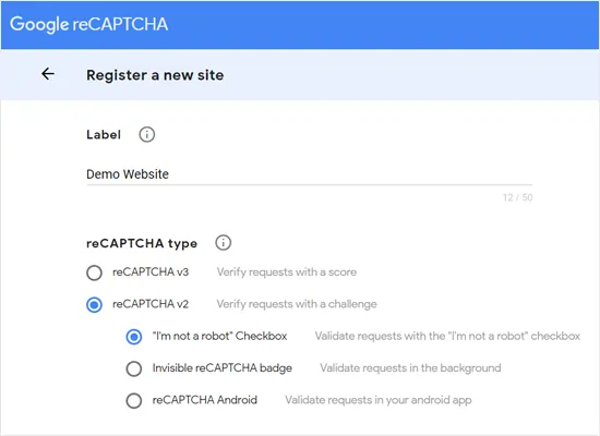 ثبت یک سایت جدید برای Google reCAPTCHA