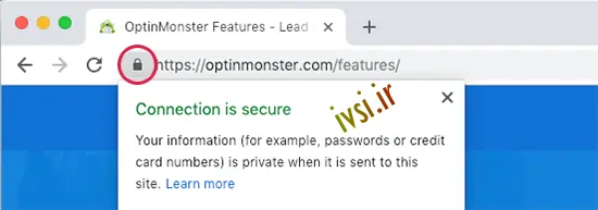 نوار آدرس که نماد قفل امن SSL را با HTTP نشان می دهد
