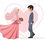 وکتور طرح شخصیت کارتونی عروس و داماد مسلمان در حال نگاه کردن به یکدیگر - هماهنگی در زندگی مشترک