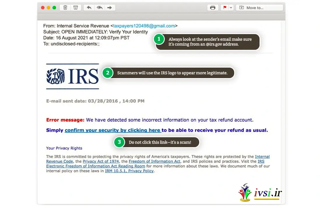 نمونه ای از یک ایمیل فیشینگ که ادعا می کند از IRS است. منبع: Verified.org