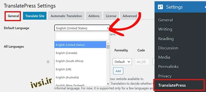 یک زبان پیش فرض را در TranslatePress انتخاب کنید